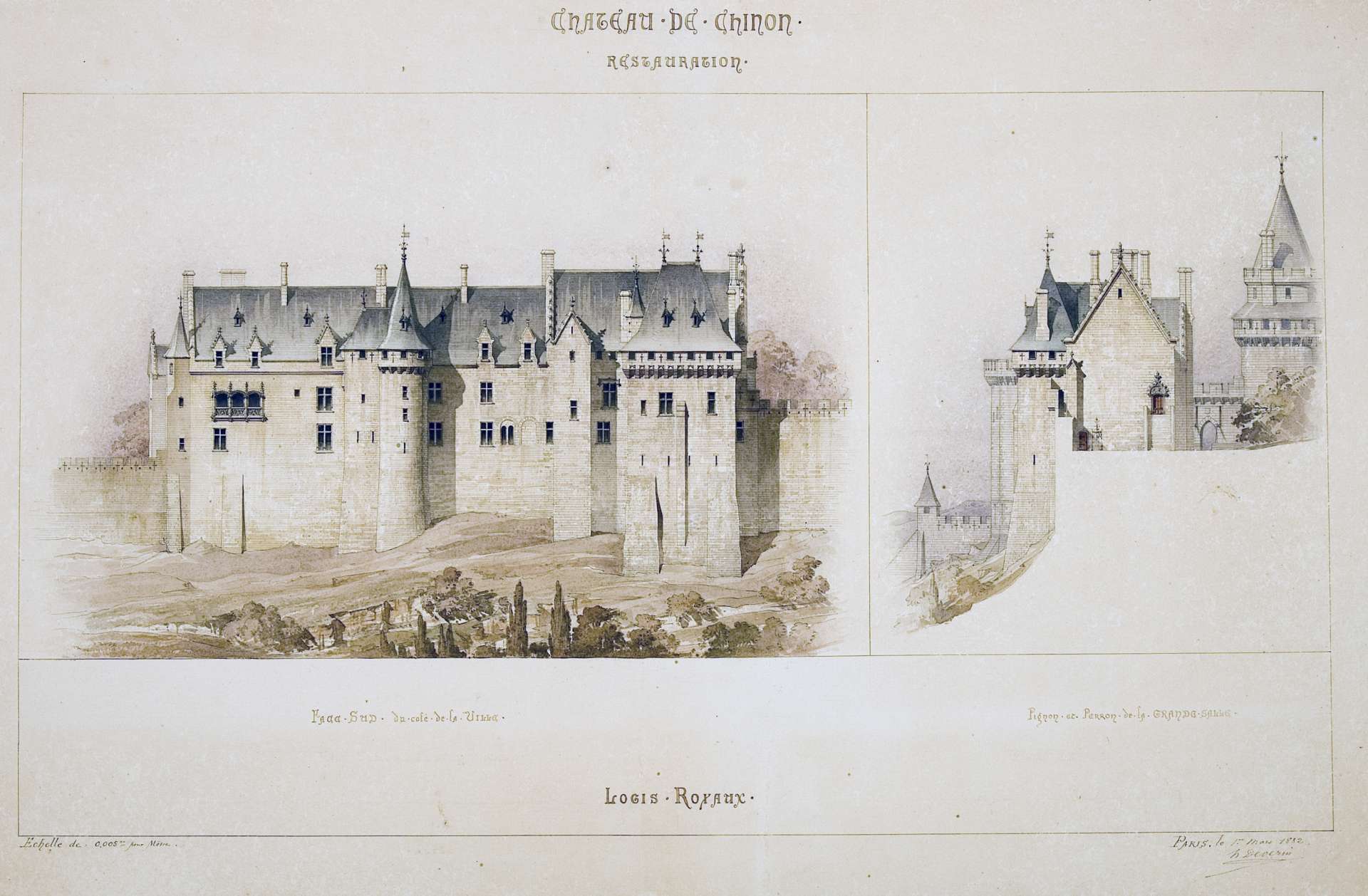 Projet de restauration des logis royaux par l’architecte en chef des Monuments historiques Henri Déverin en 1882, non réalisé
